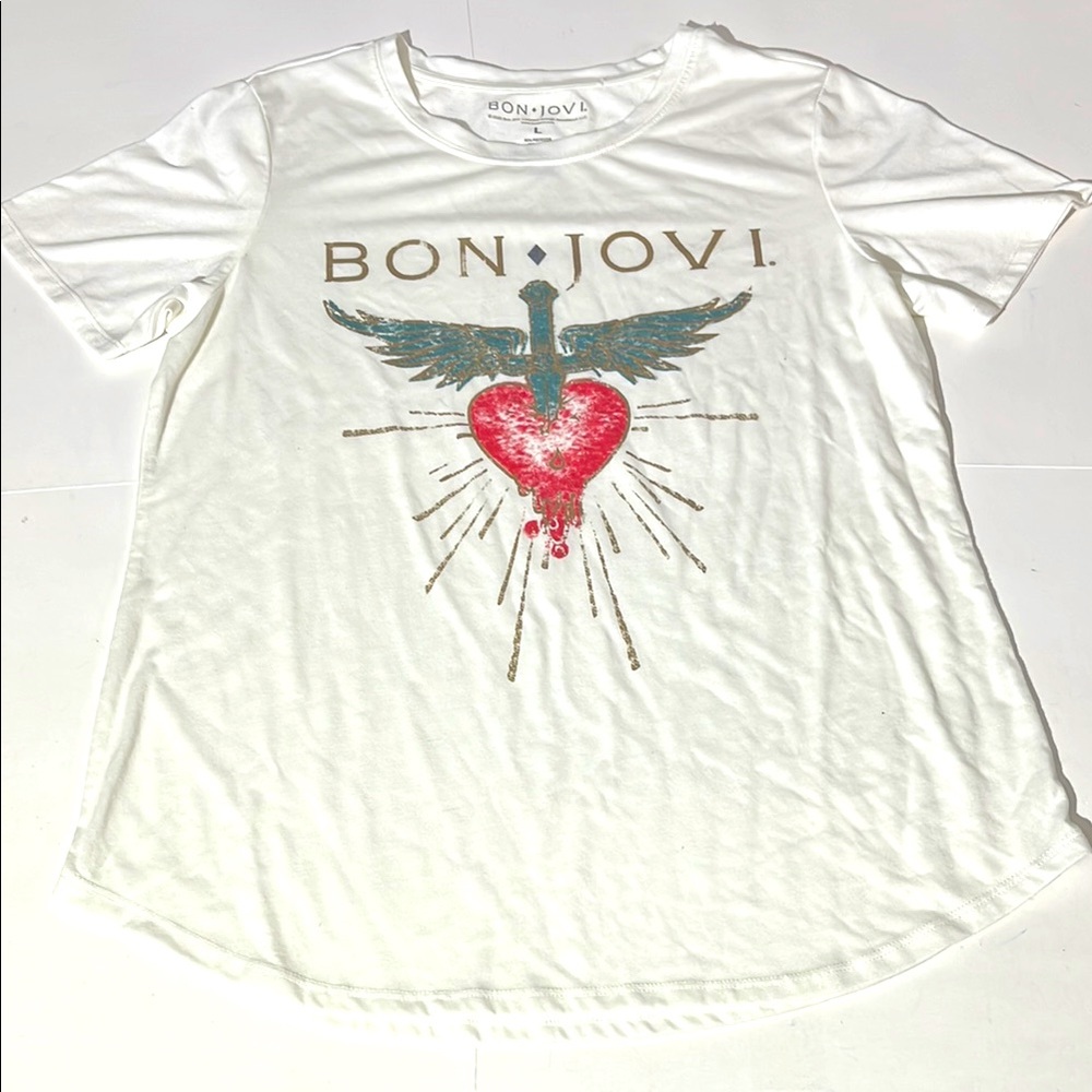 Bon Jovi White Band Graphic Tee Womens Top T-shirt Large Sword Angel Wings Heart